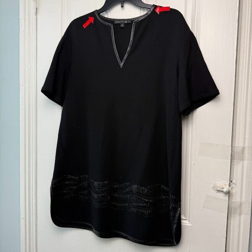 Lafayette 148 Blouse Womens 8 Black Wool Short Sleeve Split Neck Top *Flaws